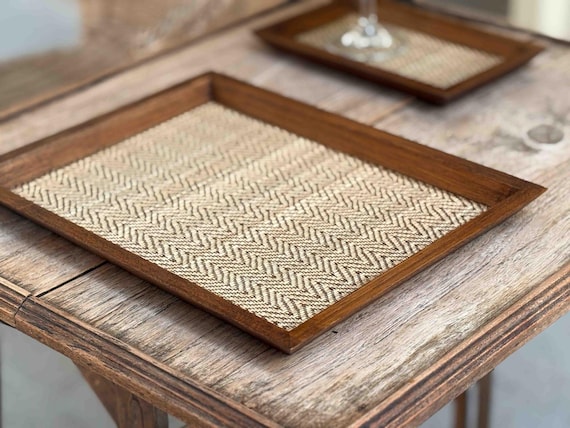 Wooden Tea Tray in Hard wood and Bamboo tapestry