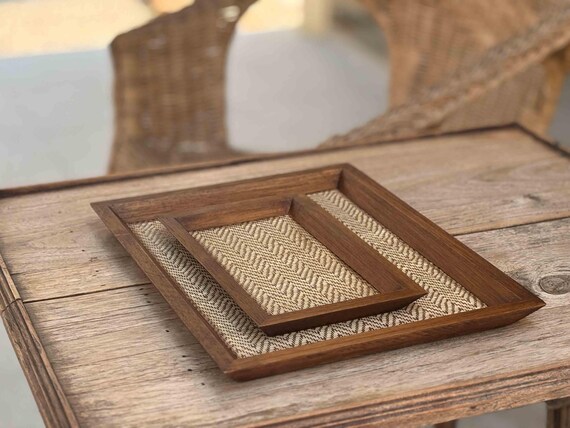 Wooden Tea Tray in Hard wood and Bamboo tapestry — photo 2 of 10