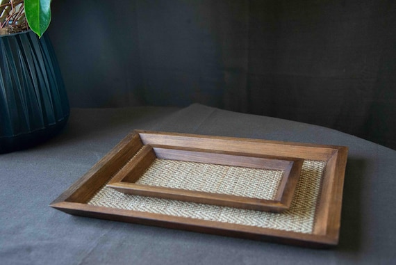 Wooden Tea Tray in Hard wood and Bamboo tapestry — photo 3 of 10