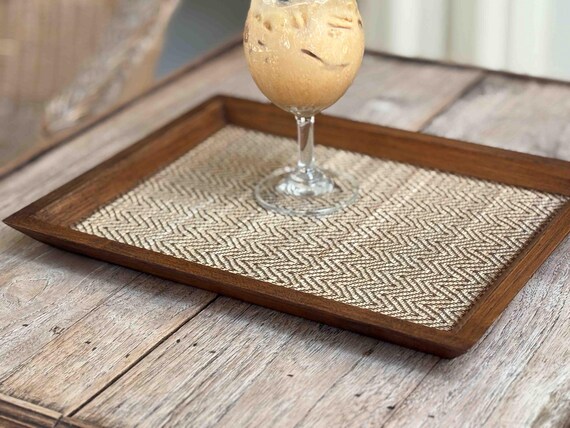 Wooden Tea Tray in Hard wood and Bamboo tapestry — photo 7 of 10